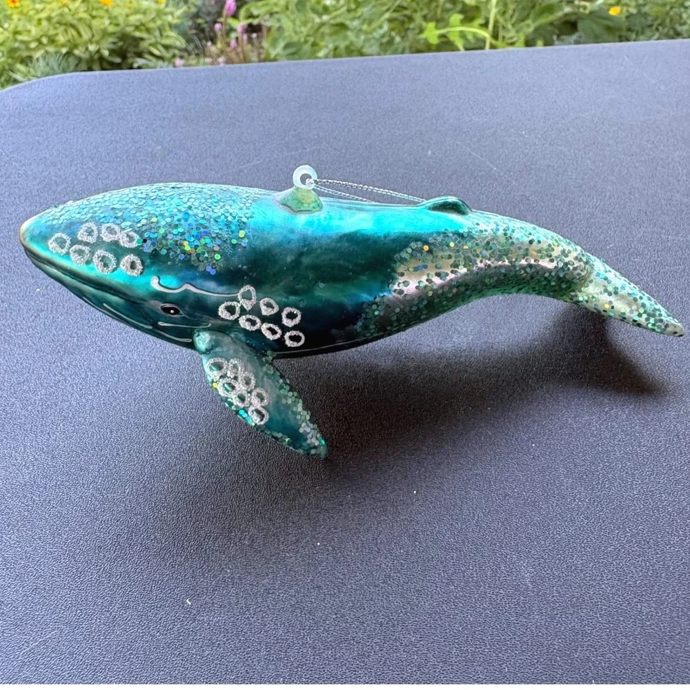 Blown Glass Humpback Whale Ornament Teal Turquoise Glitter Nautical‎ Christmas